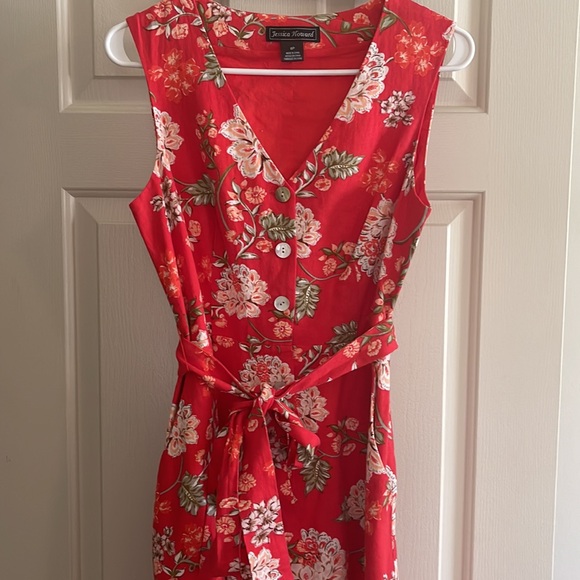 Jessica Howard Red Sleeveless Linen Floral Button Down Dress 6P - Picture 5 of 12